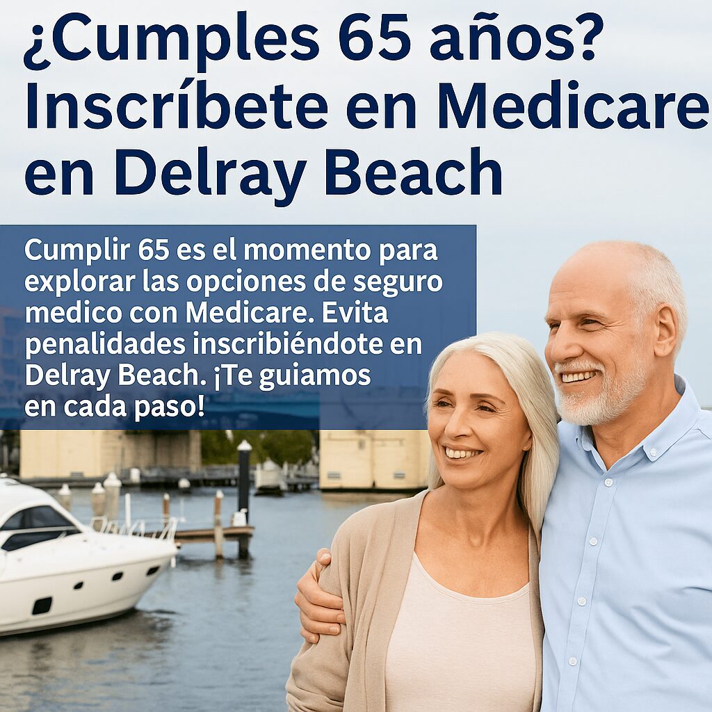 Pareja mayor feliz en Delray Beach, promoviendo Medicare a los 65 años.
