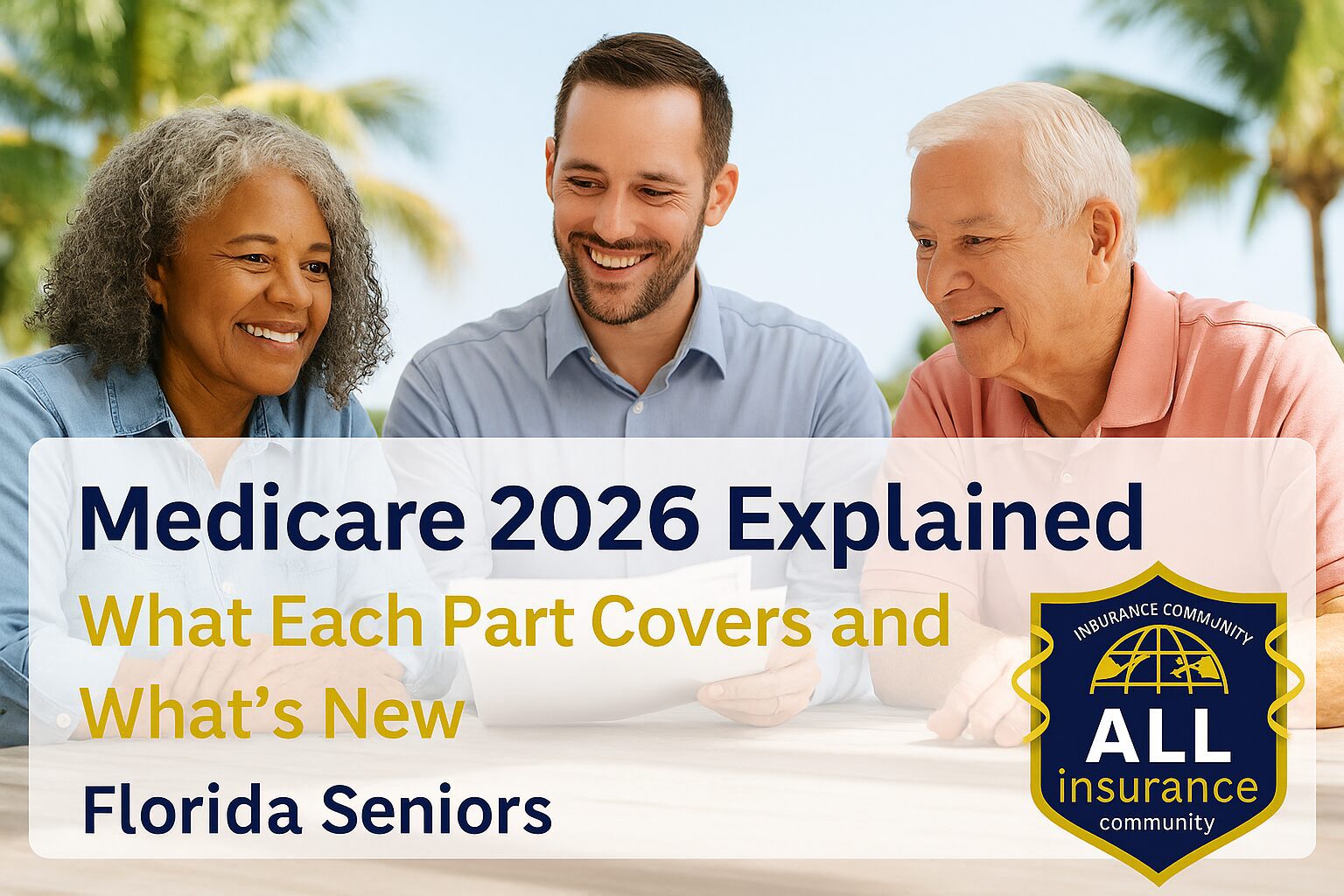 Florida seniors learning about Medicare Part A, B, C, and D coverage updates for 2026.