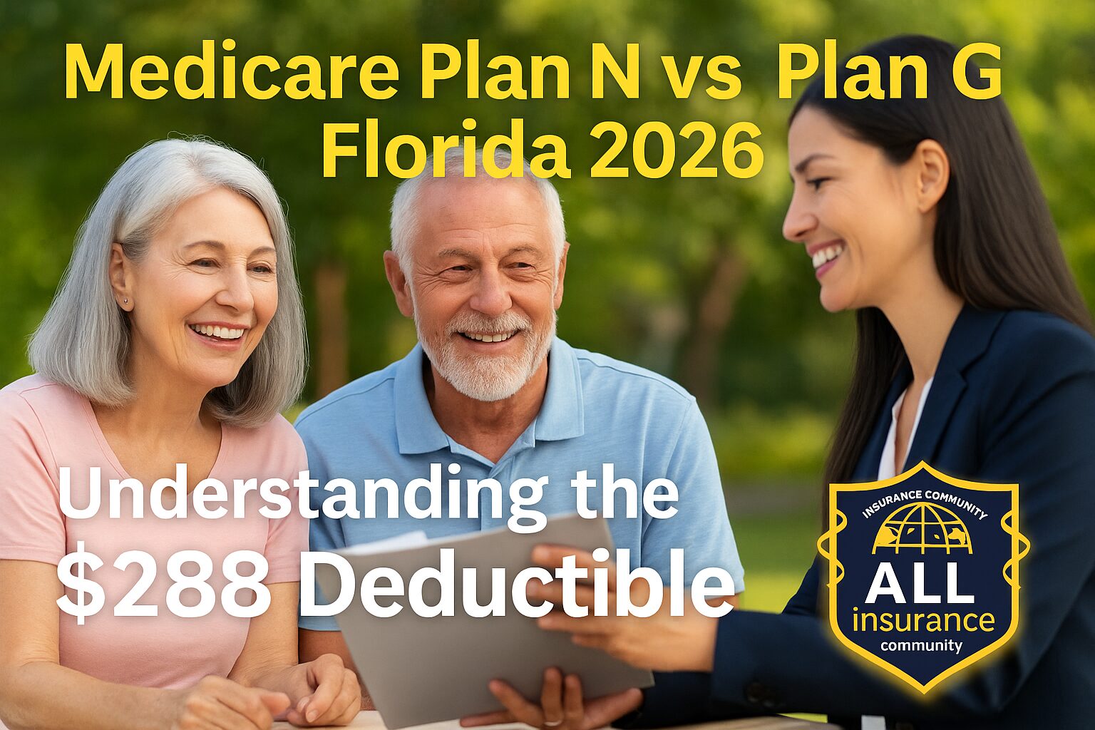 Florida seniors reviewing Medicare Plan G and Plan N options for 2026 with an insurance agent, learning about the $288 Part B deductible and excess charges.