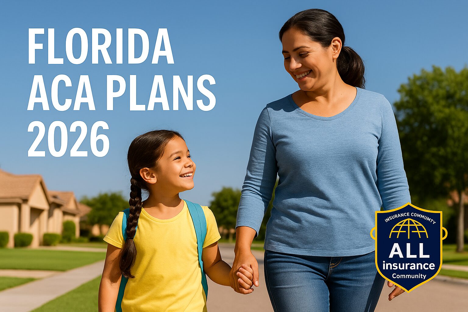 Smiling Florida mother and daughter walking outdoors with text “Florida ACA Plans 2026” and the All Insurance Community logo, promoting affordable health insurance options.