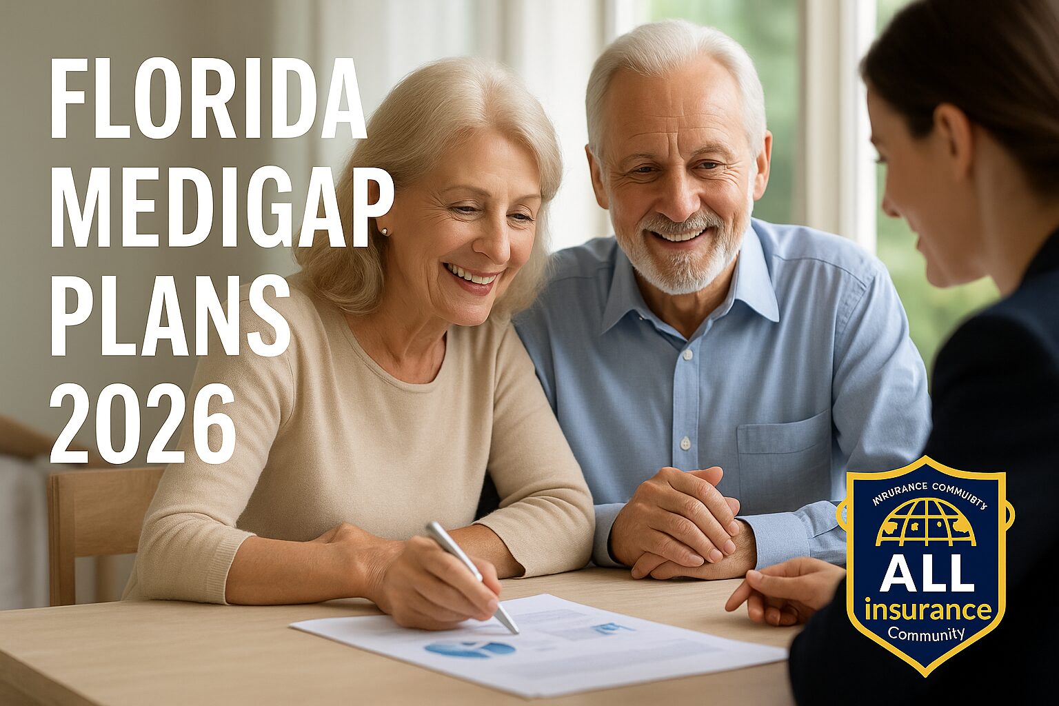 Senior couple meeting with a Medicare expert to review Florida Medigap Plans 2026, with the All Insurance Community logo.