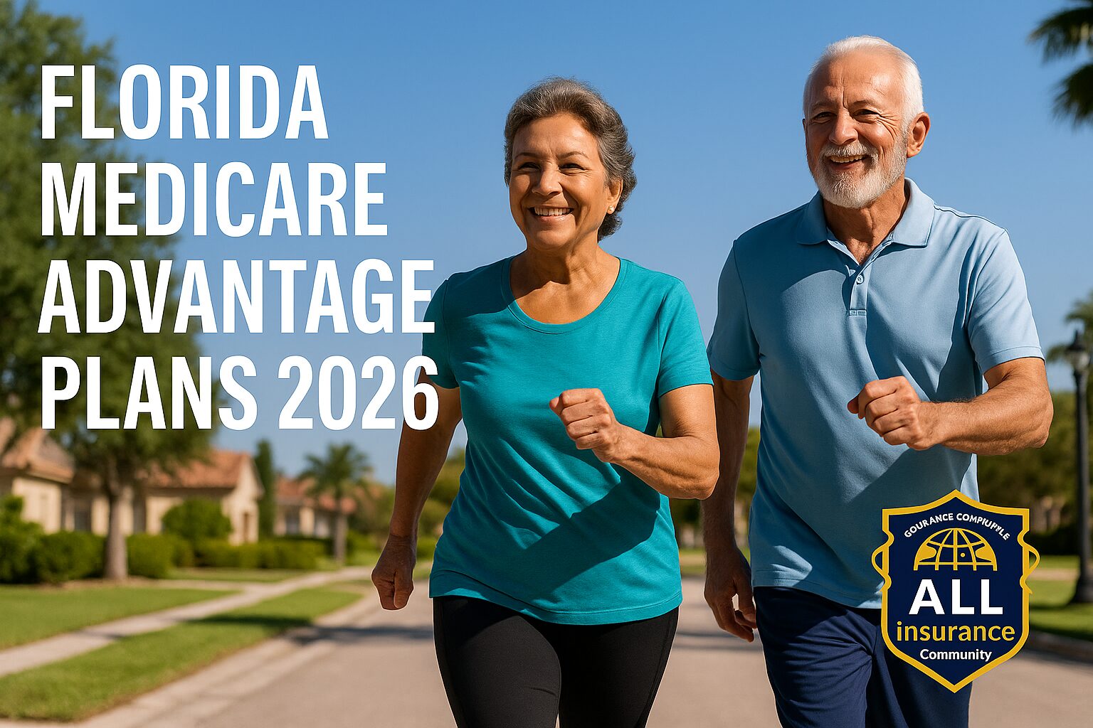 Happy senior couple exercising outdoors in Florida with “Florida Medicare Advantage Plans 2026” text and the All Insurance Community logo.