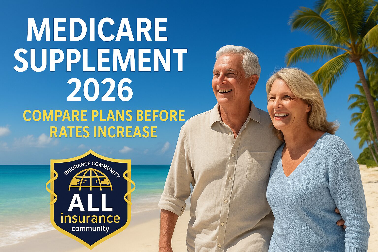 Happy senior couple walking on a sunny Florida beach promoting Medicare Supplement 2026 with All Insurance Community logo.