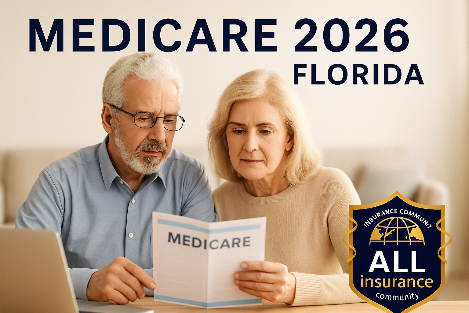 Older couple in Florida reviewing Medicare 2026 information with All Insurance Community logo in corner.