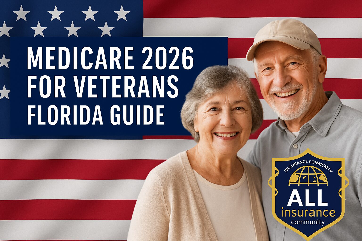 Senior veteran couple smiling in front of an American flag promoting Medicare 2026 Florida Guide by All Insurance Community.