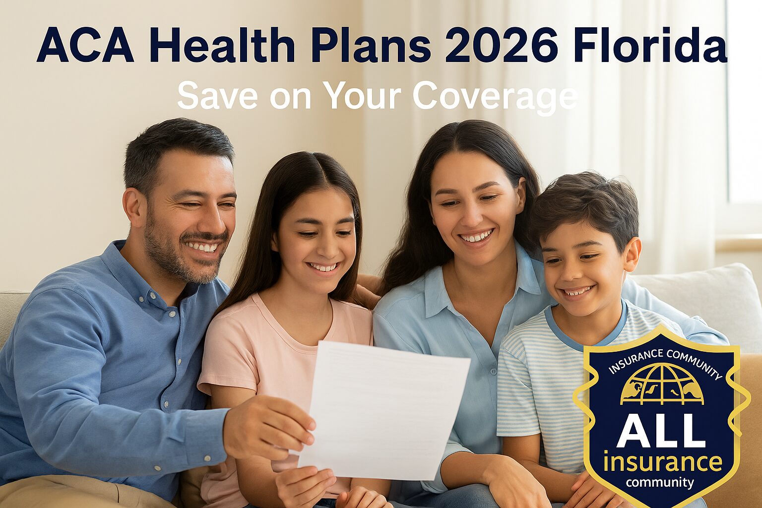 Smiling Hispanic family in Florida reviewing ACA Health Plans 2026 documents at home with All Insurance Community logo.