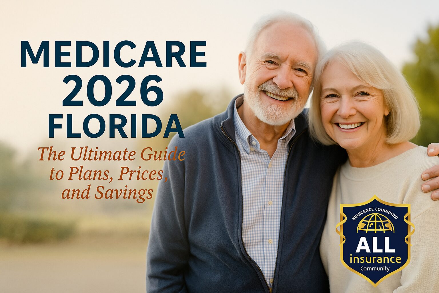 Smiling senior couple in Florida promoting Medicare 2026 with All Insurance Community gold and navy logo.