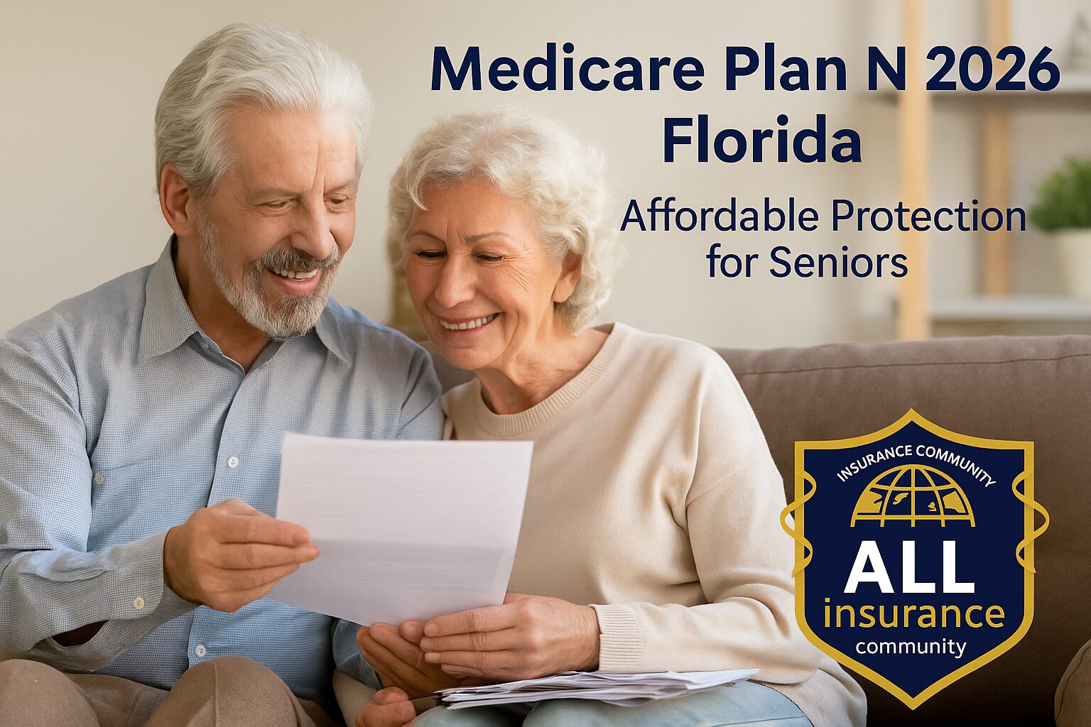 Senior couple in Florida reviewing Medicare Plan N 2026 documents at home with All Insurance Community logo.