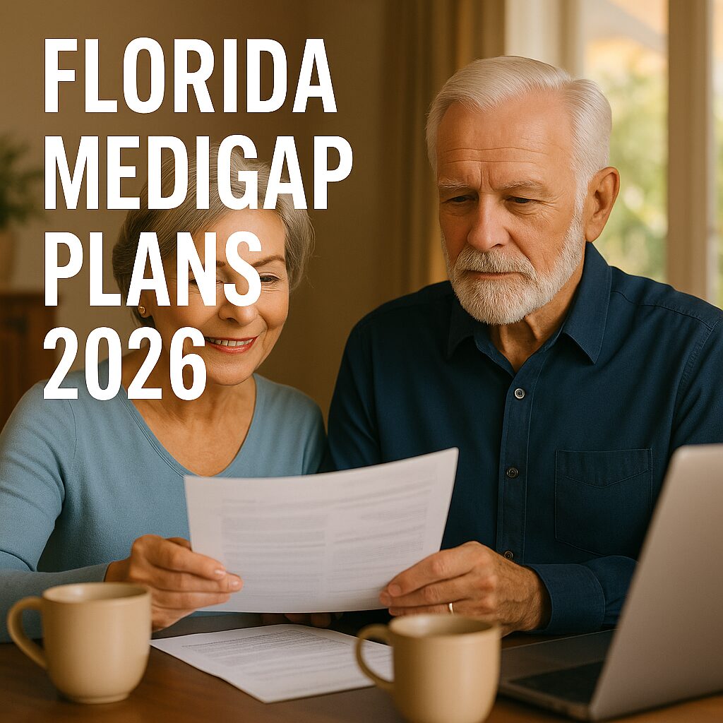 Senior Caucasian couple reviewing Florida Medigap Plans 2026 paperwork at home, representing expert Medicare Supplement guidance from All Insurance Community.