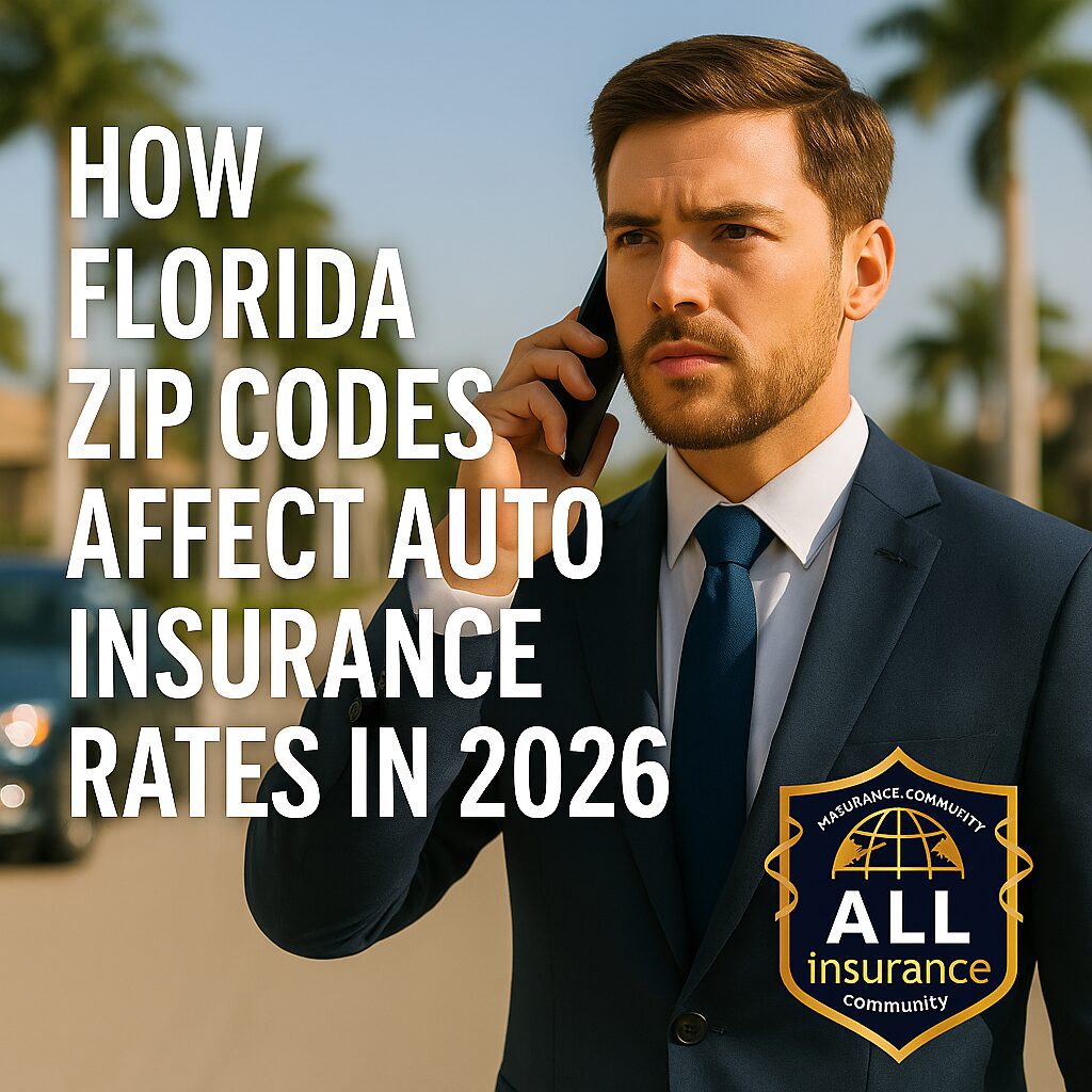 Professional insurance agent standing beside a white car in a Florida neighborhood with palm trees, illustrating how ZIP codes affect auto insurance rates in 2026, branded with the All Insurance Community logo.