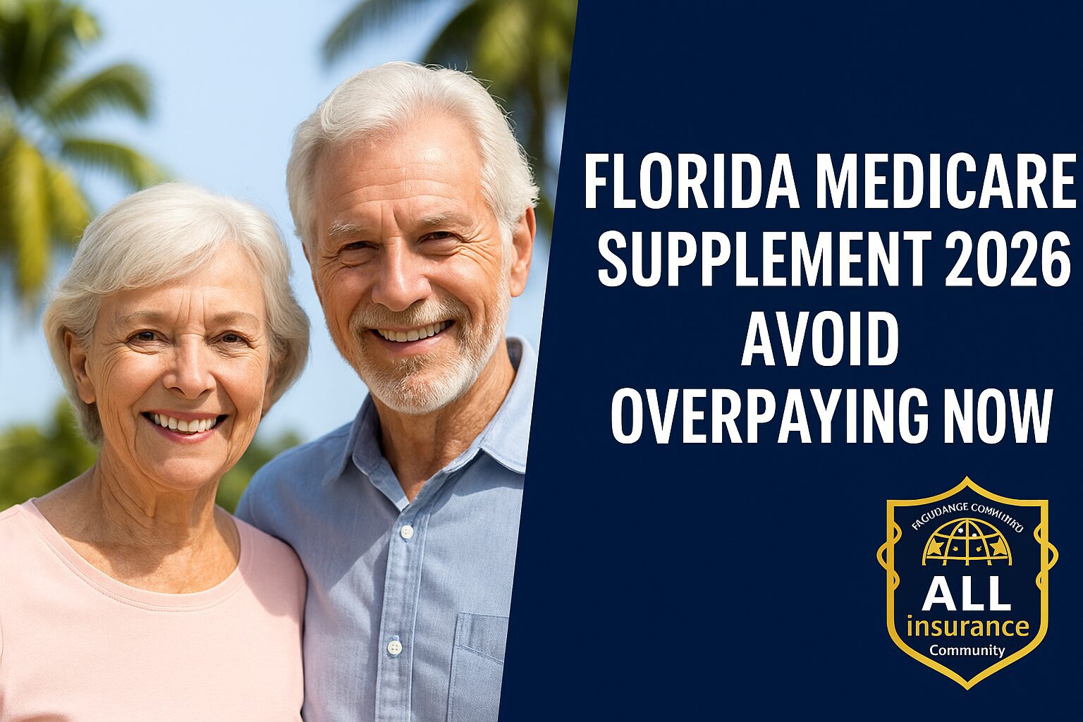 Happy senior couple smiling outdoors under Florida palm trees, promoting the 2026 Medicare Supplement savings guide with the message “Florida Medicare Supplement 2026 — Avoid Overpaying Now,” featuring the All Insurance Community logo.