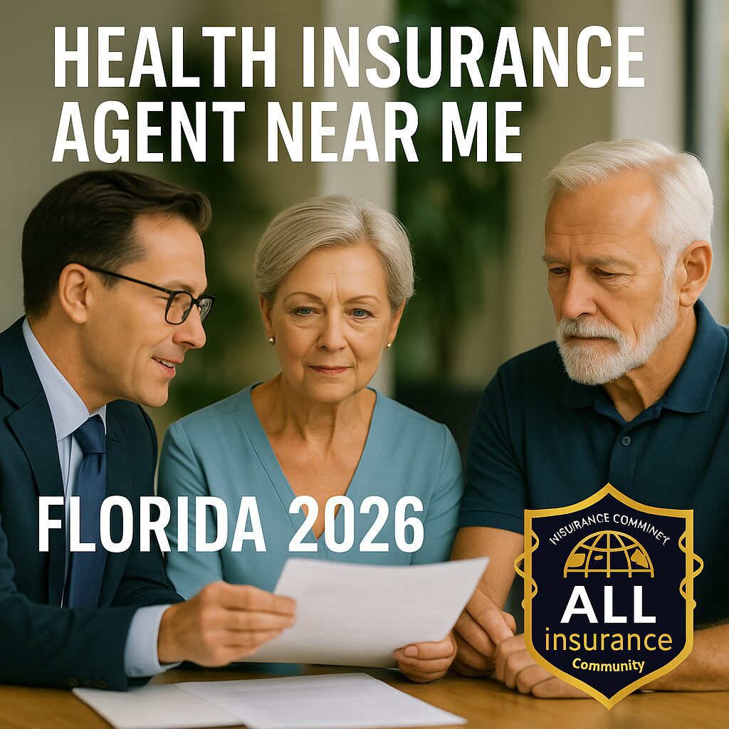 Senior Caucasian couple meeting with a licensed health insurance agent in Florida to review 2026 coverage options, with All Insurance Community branding.