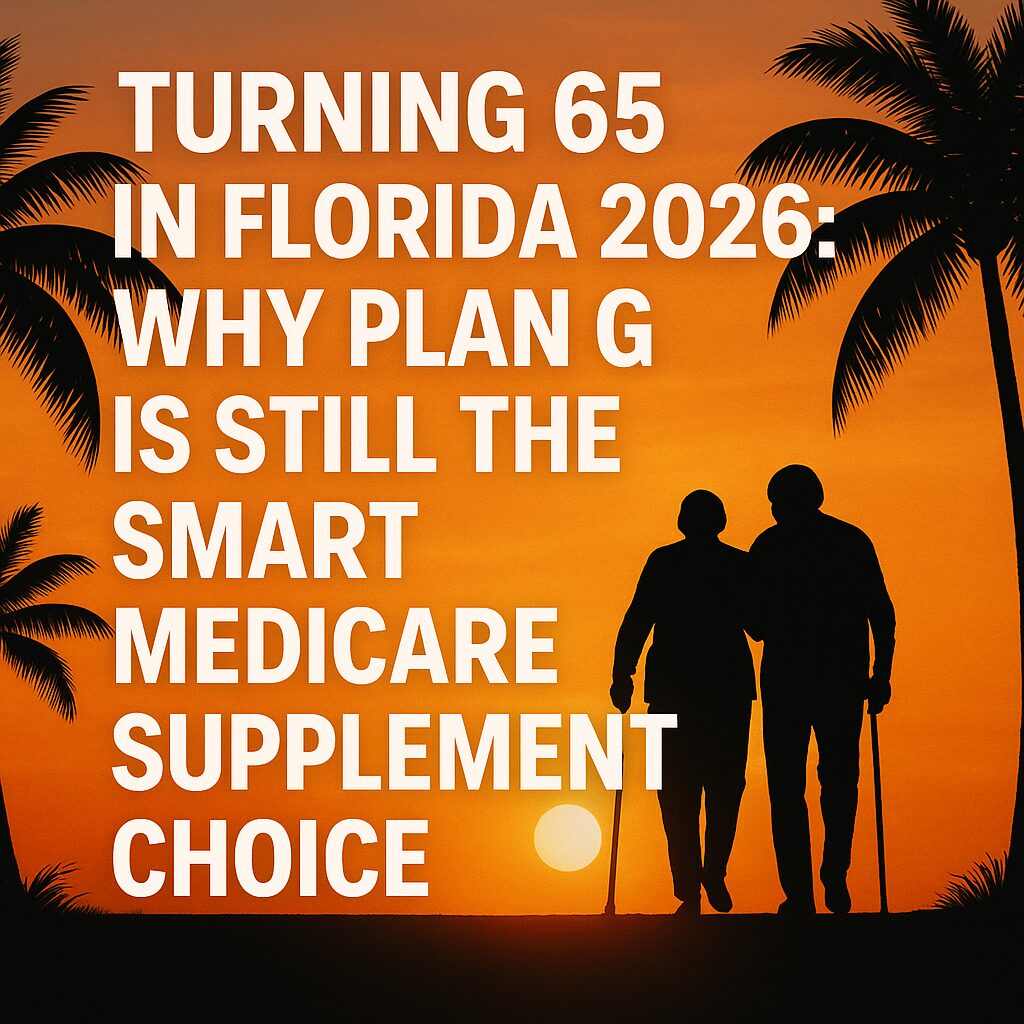 Turning 65 in Florida 2026 seniors walking under palm trees representing why Plan G is a smart Medicare Supplement choice.