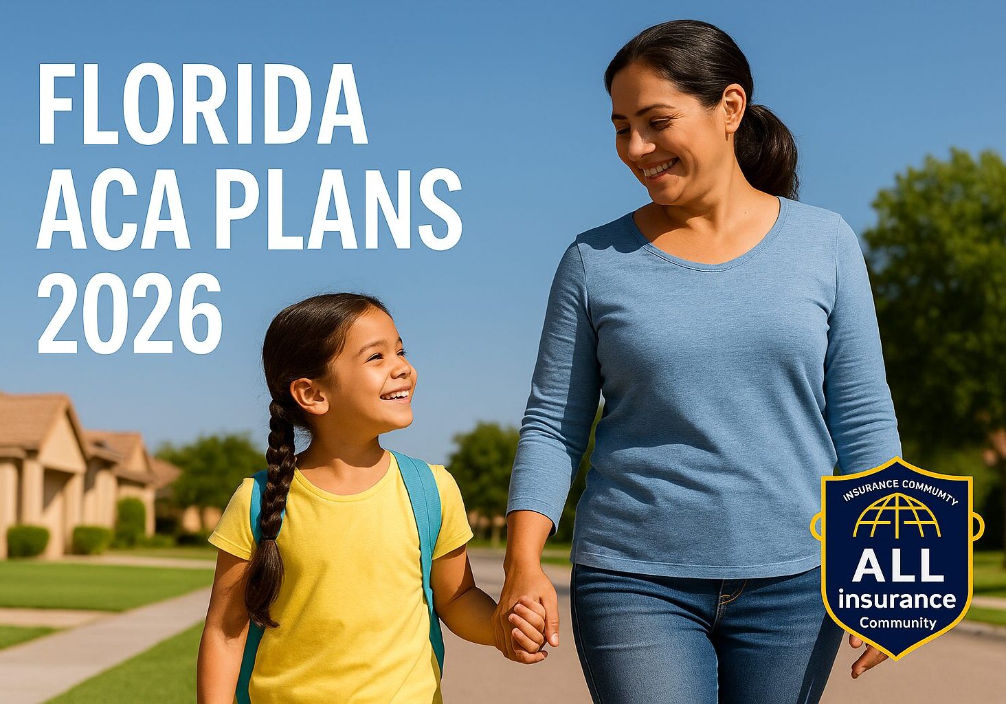 Smiling Florida mother and daughter walking outdoors with text “Florida ACA Plans 2026” and the All Insurance Community logo, promoting affordable health insurance options.