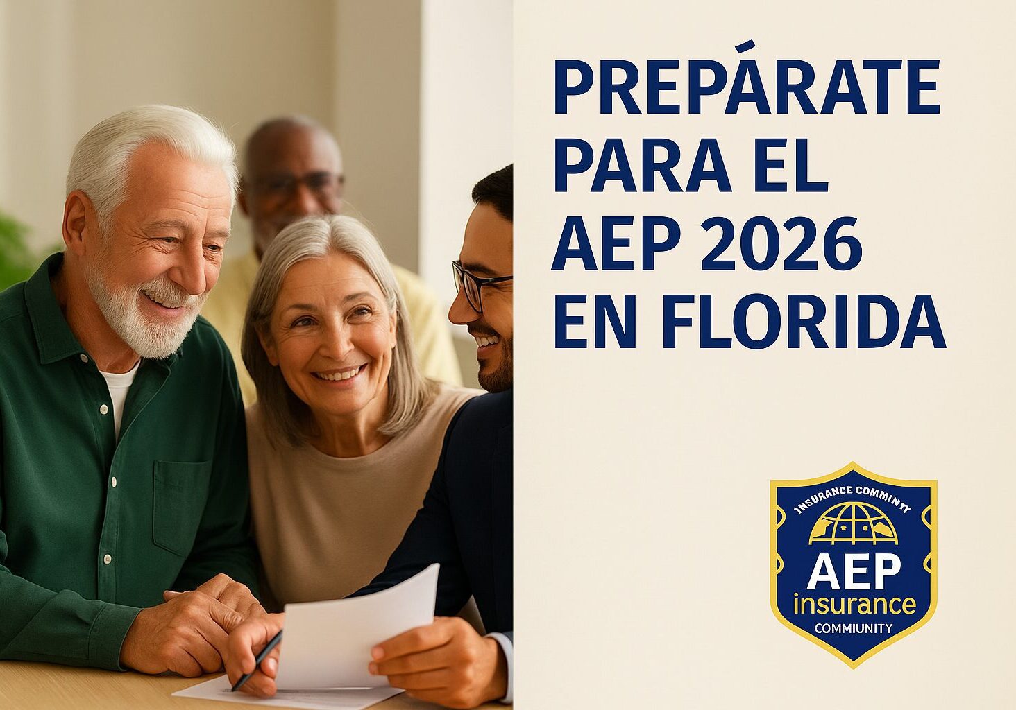 Adultos mayores en Florida con un agente de seguros revisando opciones para el AEP 2026 de Medicare.