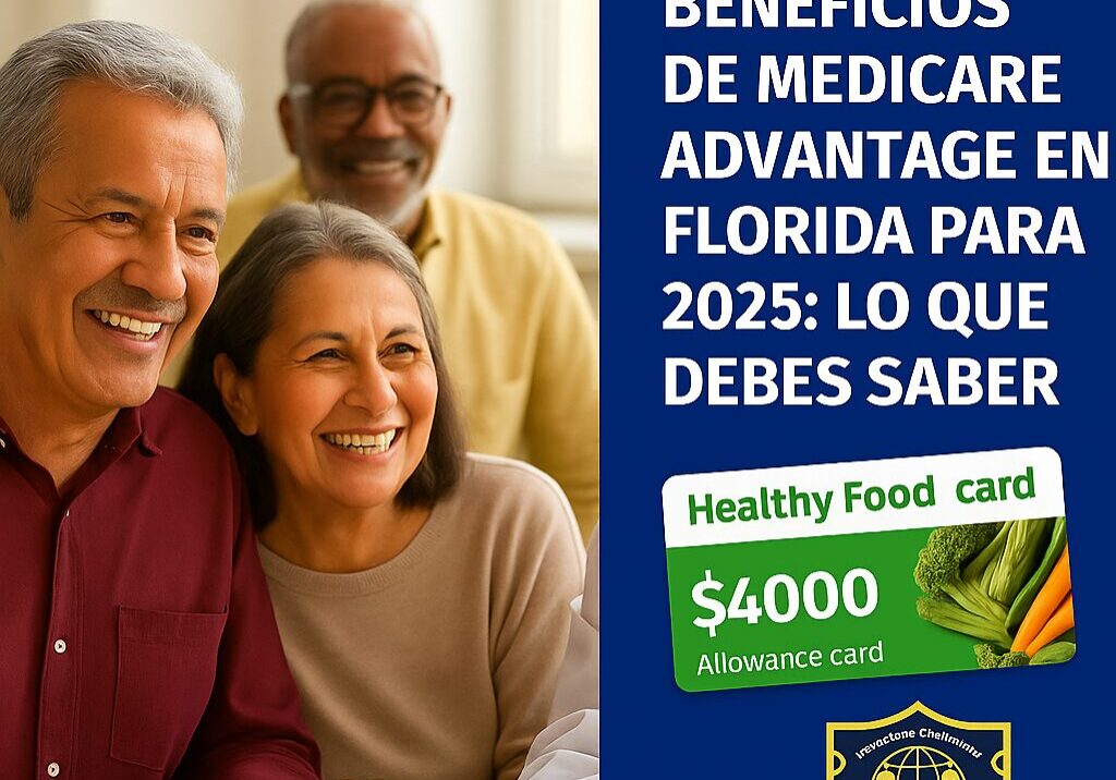 Adultos mayores en Florida recibiendo orientación sobre nuevos beneficios de Medicare Advantage 2025. Cobertura dental, visión y transporte. Tarjeta de beneficios para alimentos saludables incluida en Medicare Advantage 2025 en Florida.