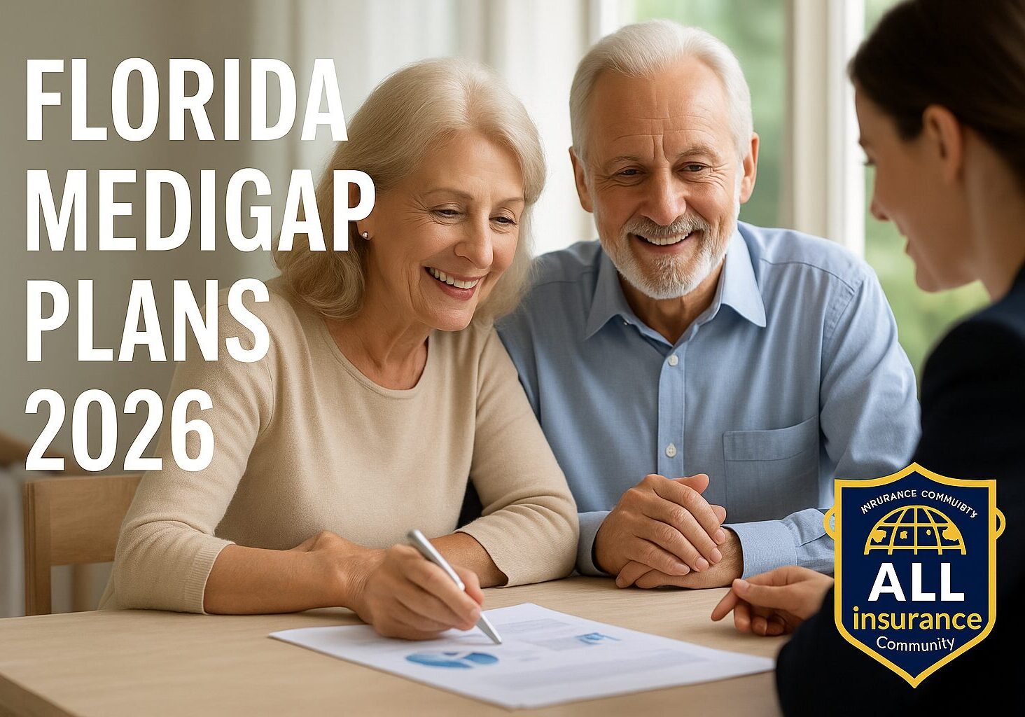 Senior couple meeting with a Medicare expert to review Florida Medigap Plans 2026, with the All Insurance Community logo.