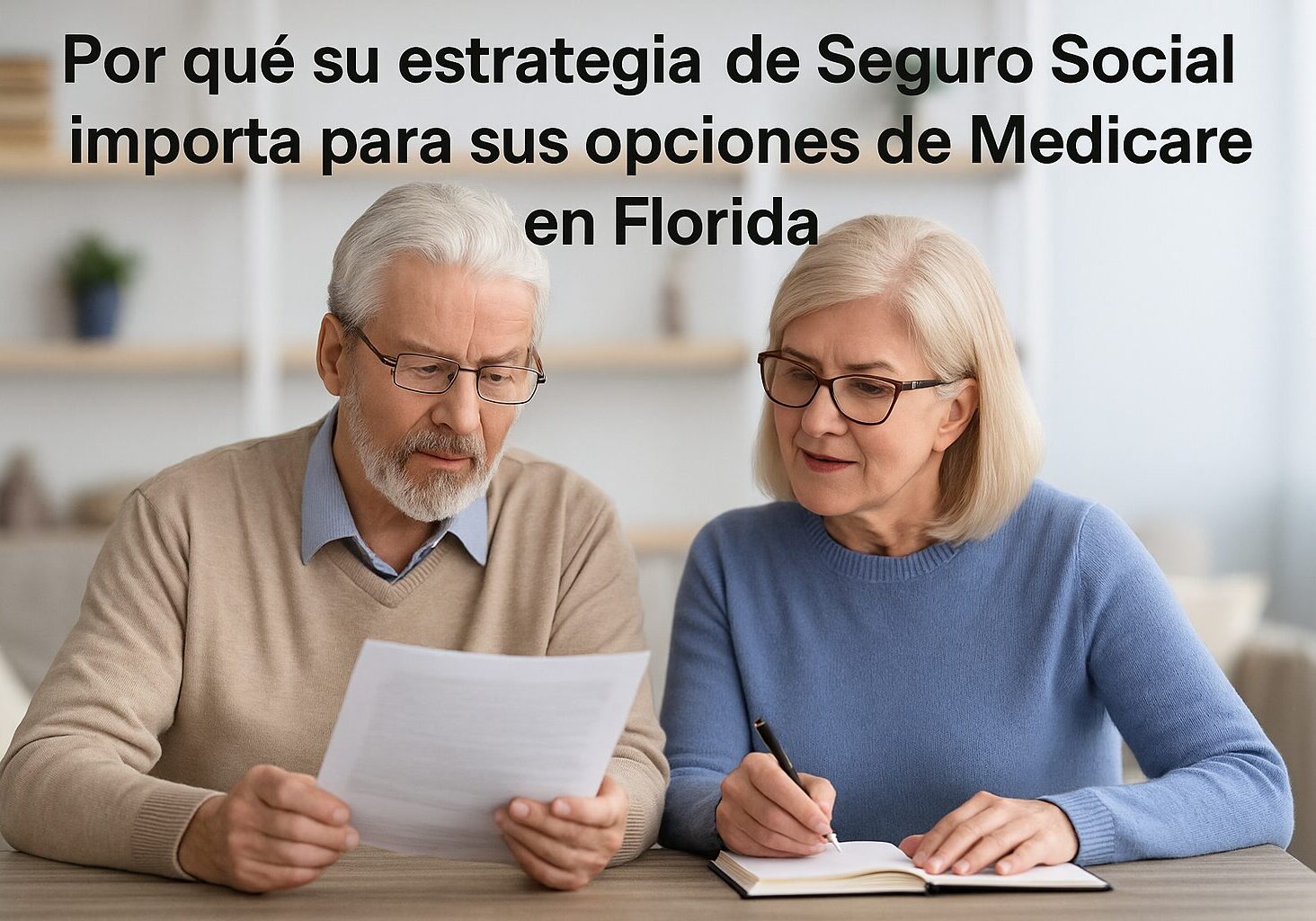 “Pareja de jubilados en Florida revisando opciones de Seguro Social y Medicare.”