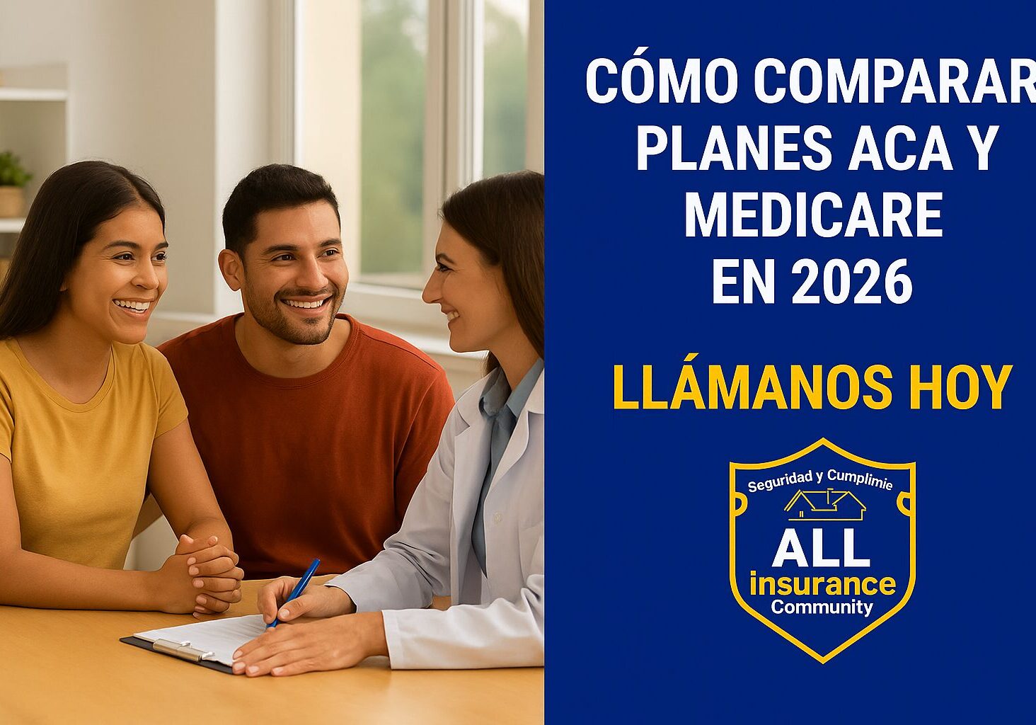Agente de seguros en Florida ayudando a una familia joven a comparar planes ACA y Medicare 2026.