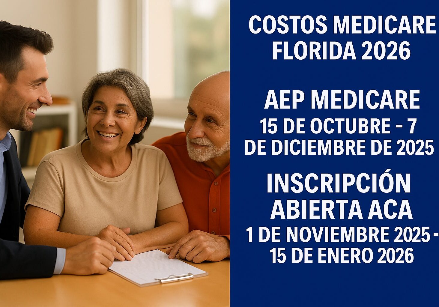 Agente de seguros en Florida explicando a una pareja los costos de Medicare 2026 y las fechas del AEP.