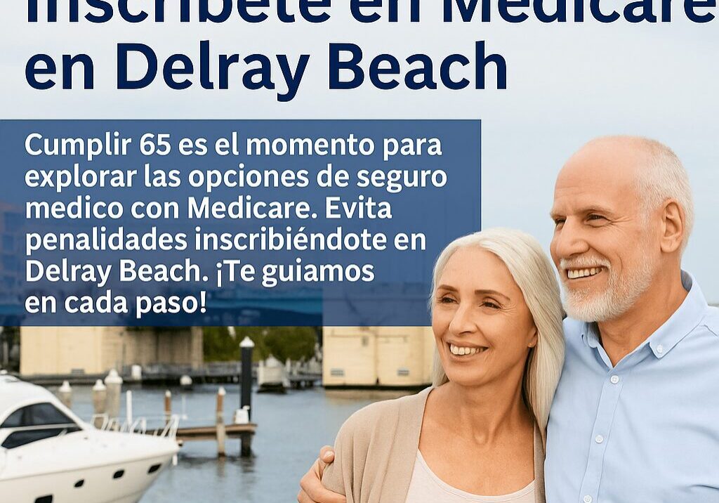 Pareja mayor feliz en Delray Beach, promoviendo Medicare a los 65 años.