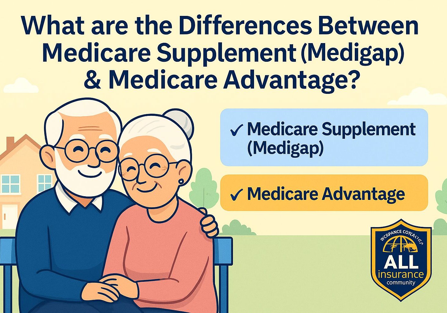 An illustrated elderly couple sits on a bench smiling, with a house and trees in the background. The text highlights “What are the Differences Between Medicare Supplement (Medigap) & Medicare Advantage?” and includes a logo for All Insurance Community. The image uses soft pastel colors to convey warmth and clarity about Medicare options.