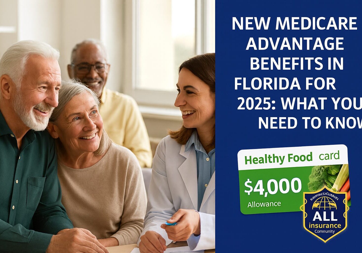 Florida seniors learning about new Medicare Advantage benefits 2025. Expanded dental, vision, and transportation coverage.