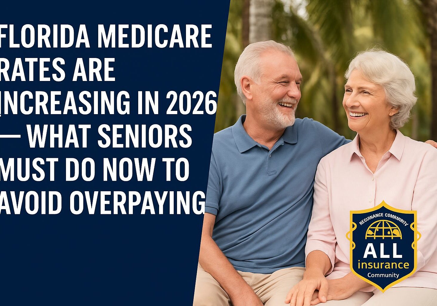 Happy senior couple smiling on a Florida park bench with palm trees behind them, promoting Medicare 2026 rate updates with the All Insurance Community logo.