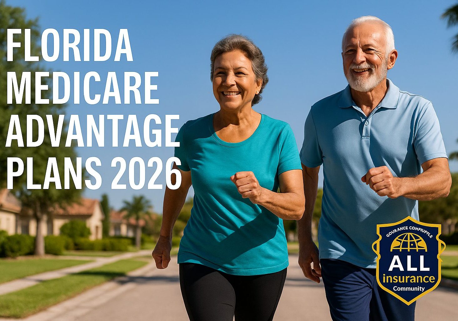 Happy senior couple exercising outdoors in Florida with “Florida Medicare Advantage Plans 2026” text and the All Insurance Community logo.
