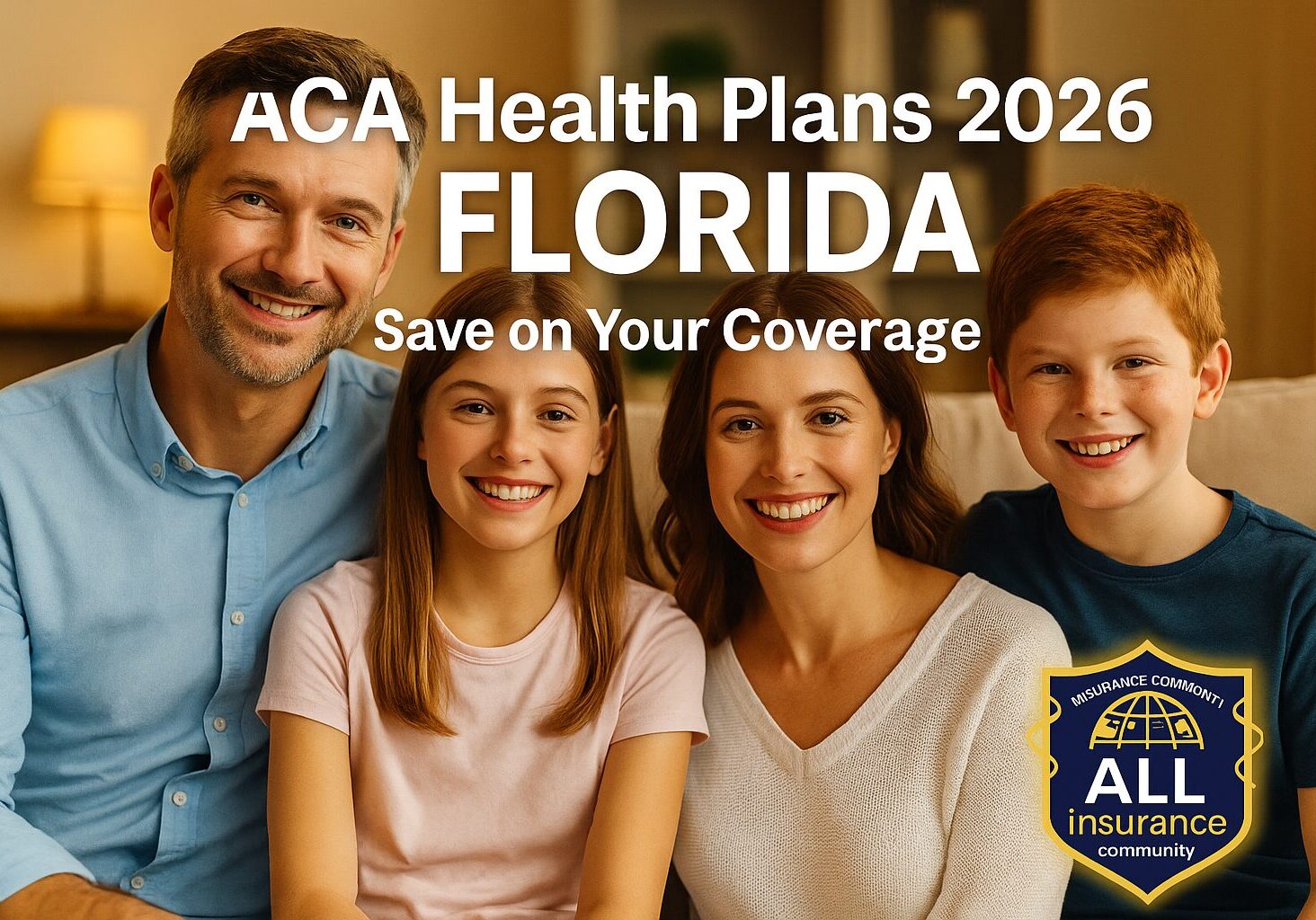 Happy Florida family reviewing ACA Health Plans 2026 coverage options at home with All Insurance Community logo.
