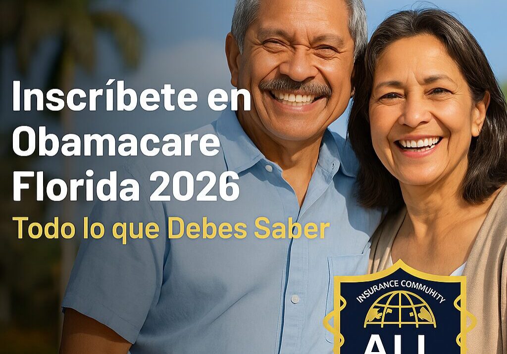 Hispanic couple in Florida reviewing Obamacare 2026 health coverage information with the All Insurance Community logo, representing the blog “Inscríbete en Obamacare Florida 2026 – Todo lo que Debes Saber.”