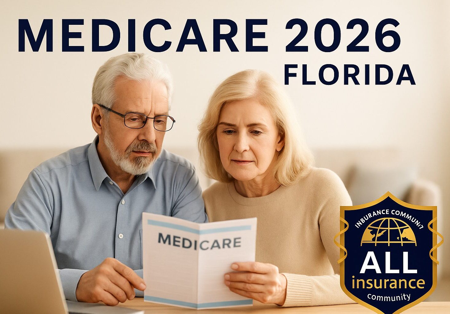 Older couple in Florida reviewing Medicare 2026 information with All Insurance Community logo in corner.