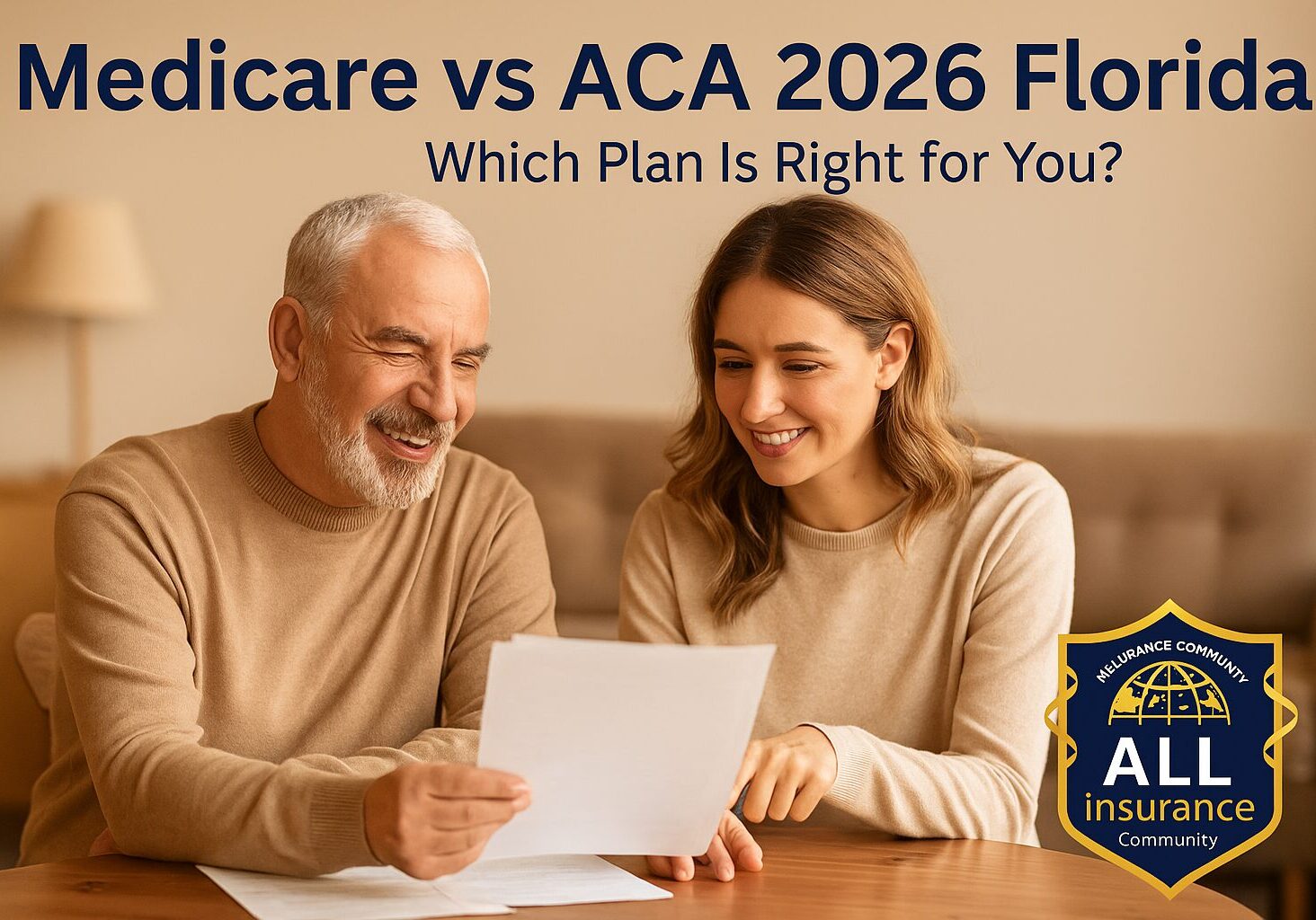 Senior man and adult daughter reviewing Medicare and ACA 2026 health plan options in Florida with All Insurance Community logo.
