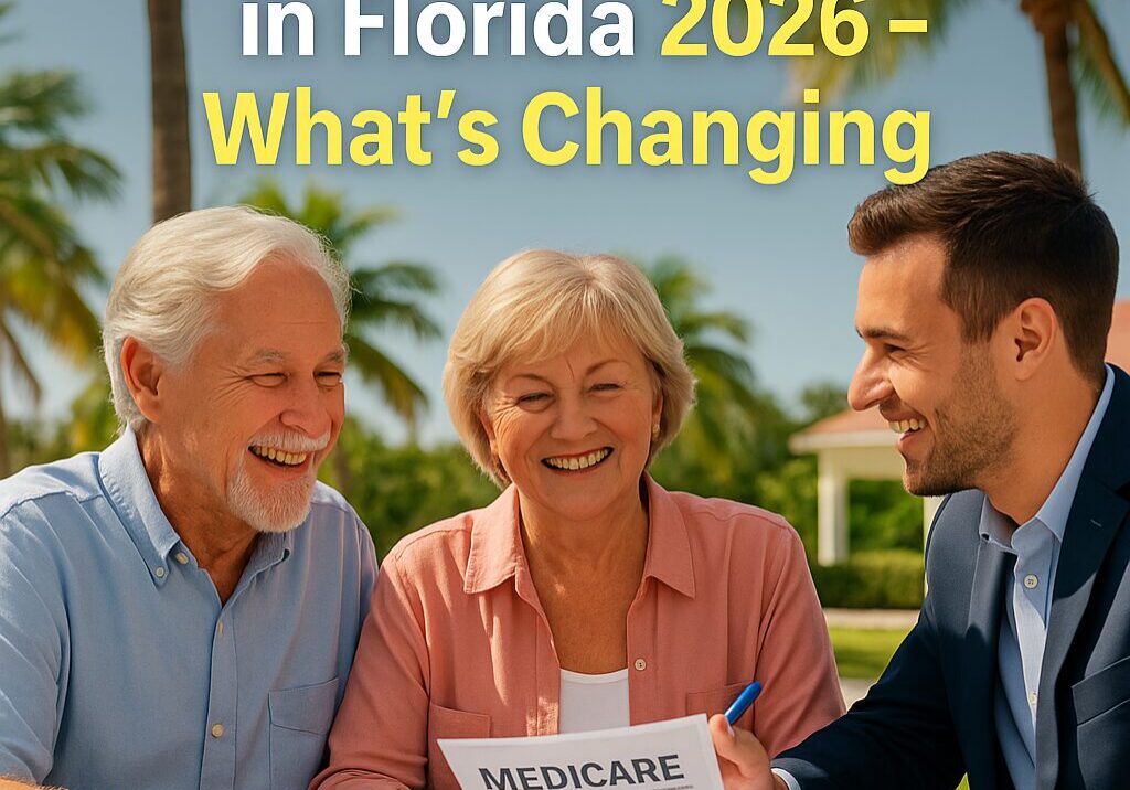 Smiling Florida seniors and a local agent reviewing Medicare options at a sunny table, overlay text: “Medicare Supplement in Florida 2026 – What’s Changing”