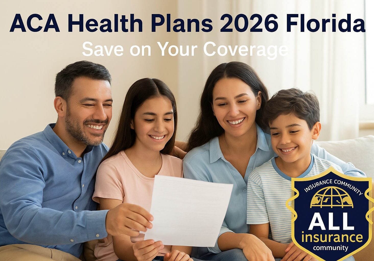 Smiling Hispanic family in Florida reviewing ACA Health Plans 2026 documents at home with All Insurance Community logo.