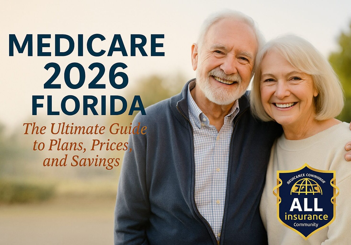 Smiling senior couple in Florida promoting Medicare 2026 with All Insurance Community gold and navy logo.