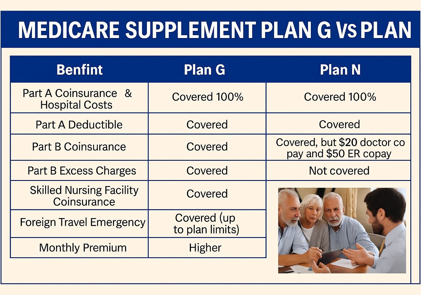 Table showing benefits of Medicare Supplement Plan G vs Plan N including copays and premiums.