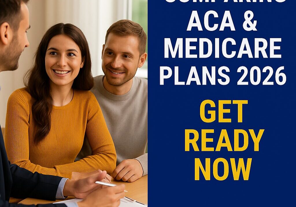 Young adults in Florida consulting with an insurance broker about comparing ACA and Medicare plans 2026.