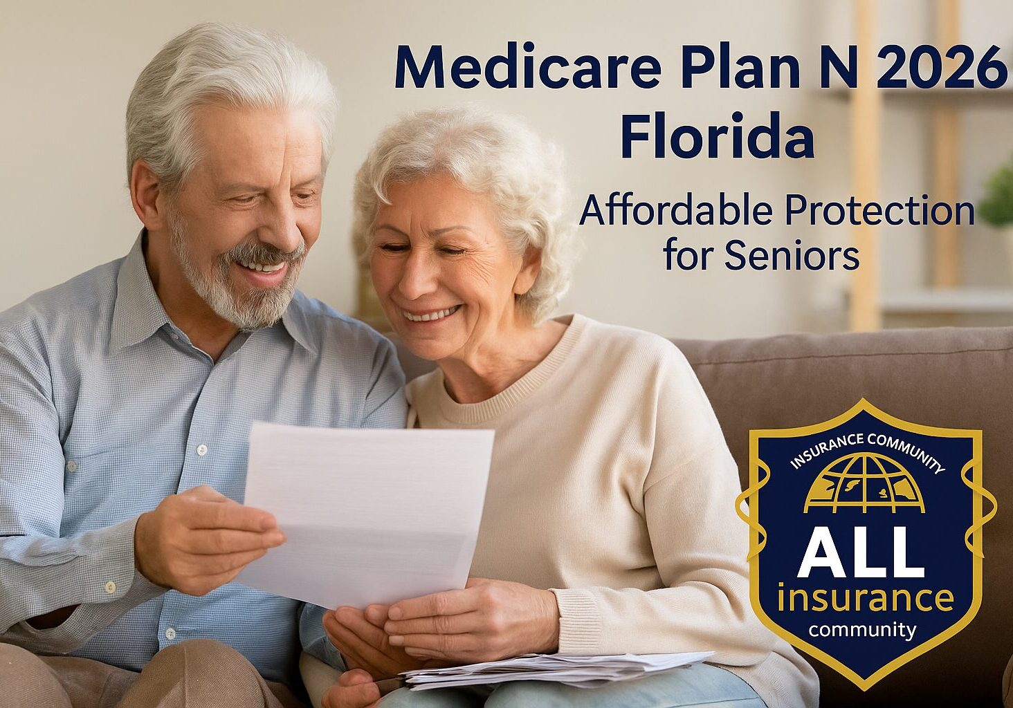 Senior couple in Florida reviewing Medicare Plan N 2026 documents at home with All Insurance Community logo.