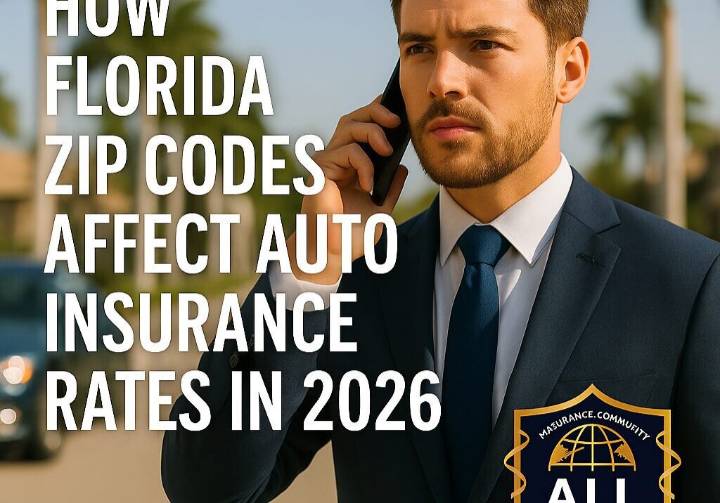 Professional insurance agent standing beside a white car in a Florida neighborhood with palm trees, illustrating how ZIP codes affect auto insurance rates in 2026, branded with the All Insurance Community logo.