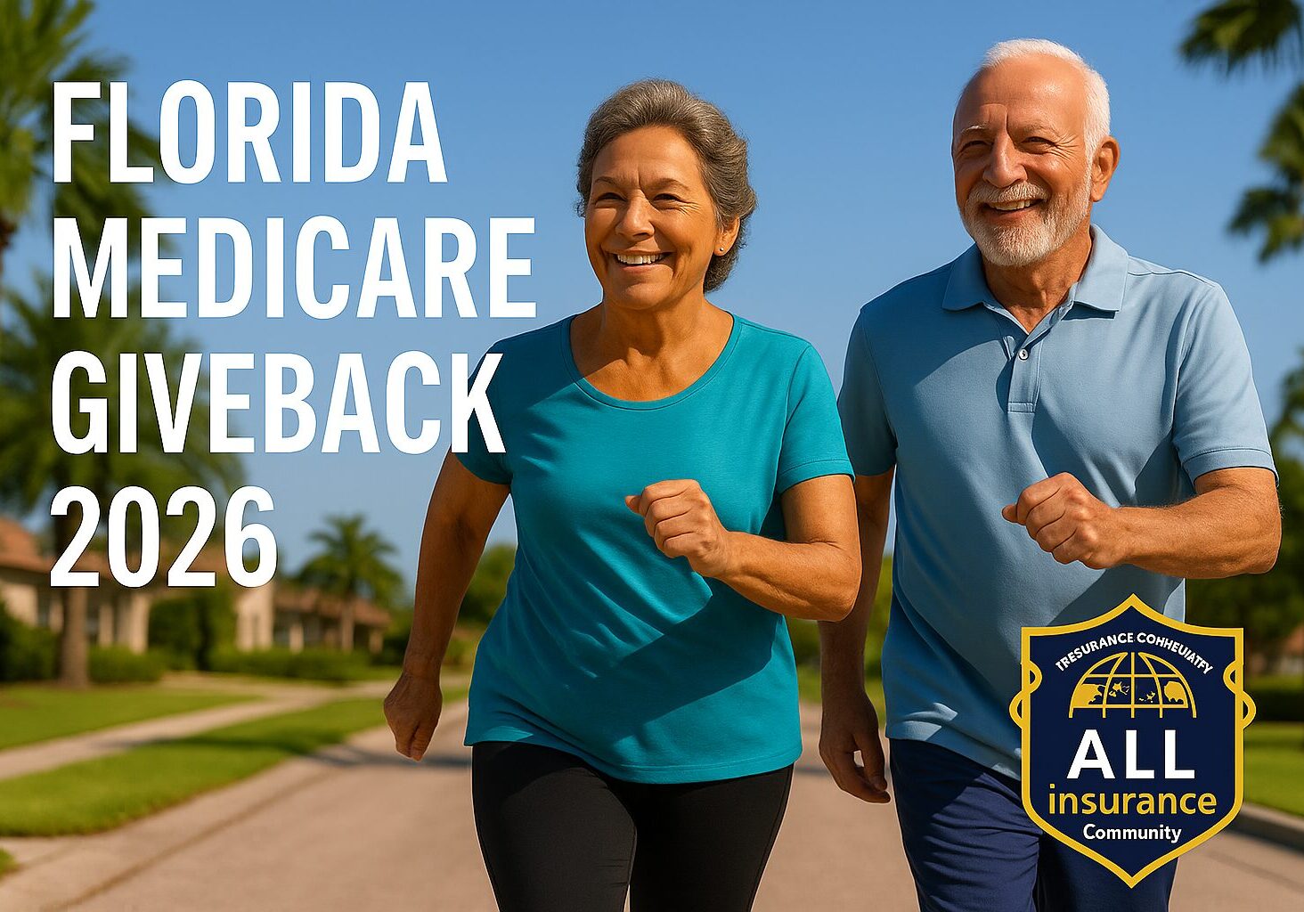 Happy senior couple walking in a sunny Florida neighborhood with “Florida Medicare Giveback 2026” text and the All Insurance Community logo.