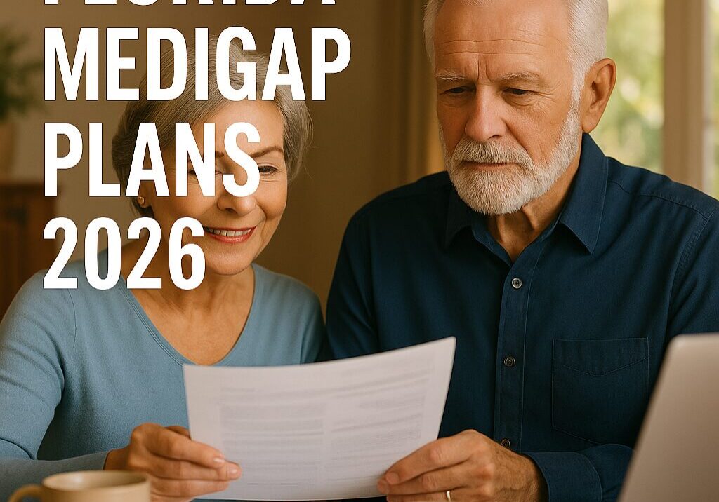 Senior Caucasian couple reviewing Florida Medigap Plans 2026 paperwork at home, representing expert Medicare Supplement guidance from All Insurance Community.
