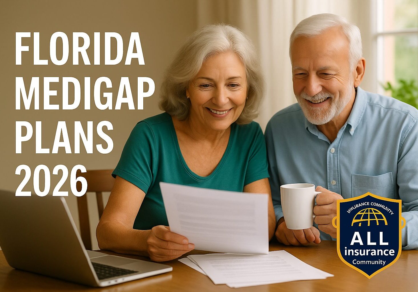 Senior Caucasian couple reviewing Florida Medigap Plans 2026 at home with documents, coffee and a laptop, representing expert Medicare Supplement guidance from All Insurance Community.