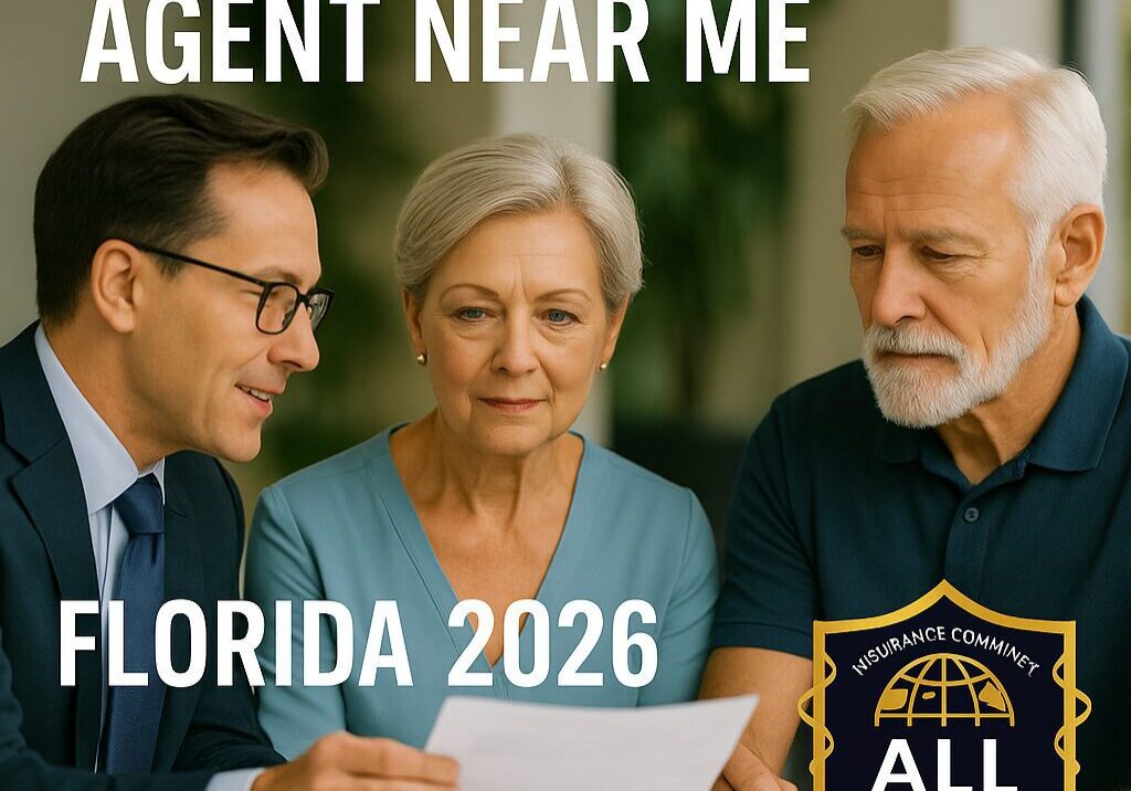 Senior Caucasian couple meeting with a licensed health insurance agent in Florida to review 2026 coverage options, with All Insurance Community branding.