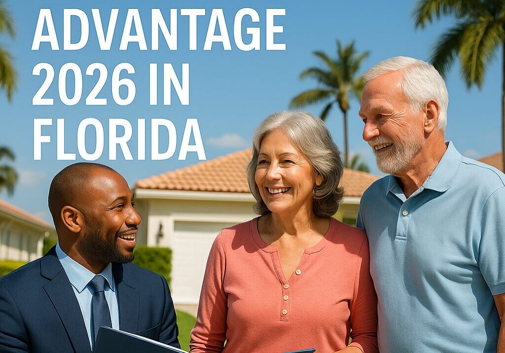 Senior couple reviewing Medicare Advantage 2026 options at home with a licensed advisor, representing expert Florida guidance from All Insurance Community.