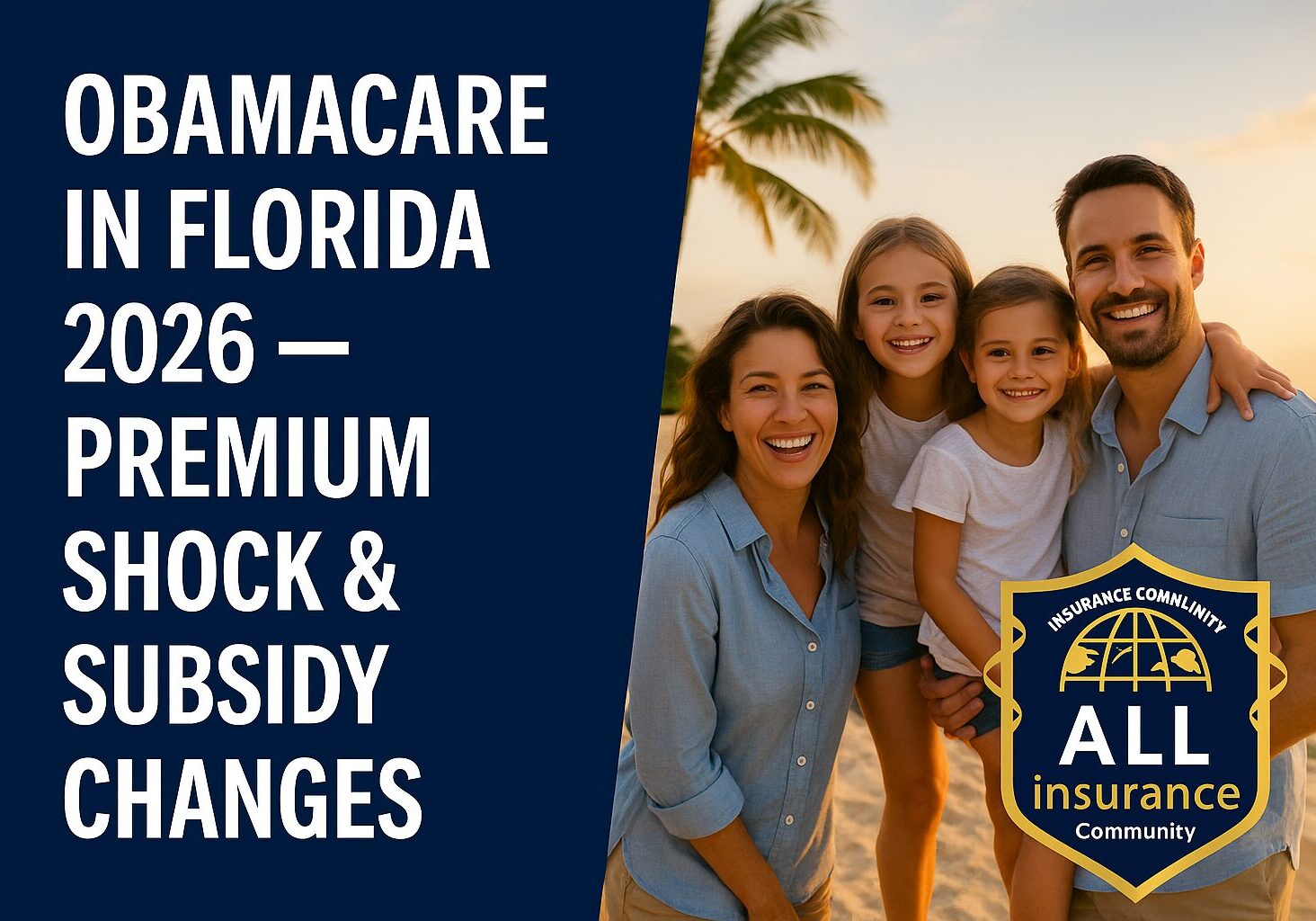 Smiling Florida family on the beach at sunset promoting the 2026 Obamacare premium and subsidy changes guide, with All Insurance Community logo.